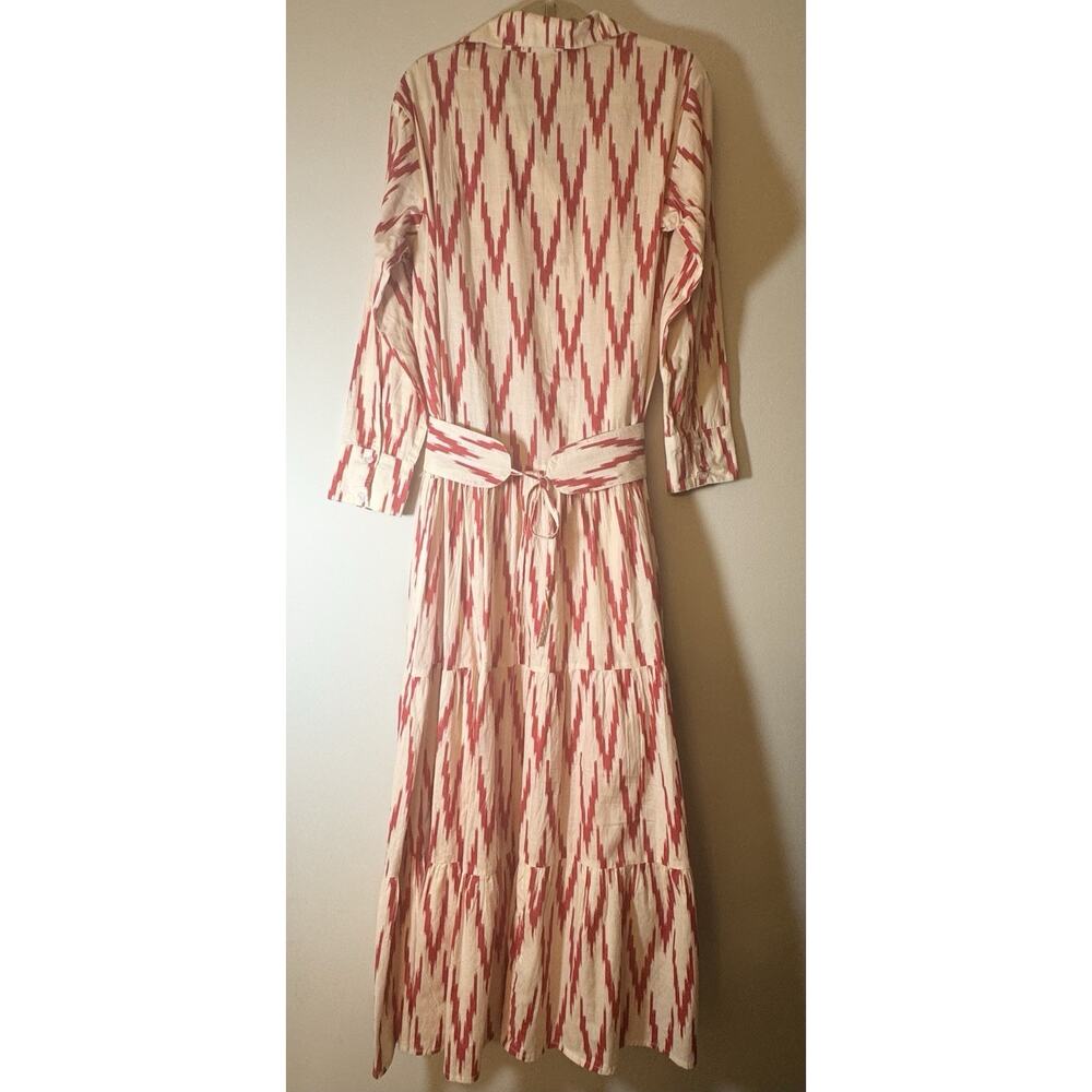 Guadalupe SZ Large Meredith Red Ikat Dress drop waist 1/4 button Cottagecore - Picture 3 of 11
